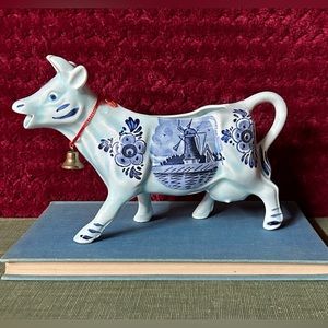 Delft DBL Blue White Cow Creamer, vintage with original bell on neck